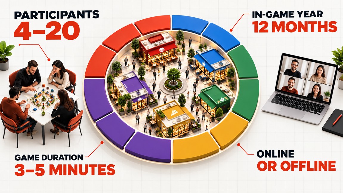 Market Game format: 4 to 20 teams, a 12-month game year, 3–5 minute turns, online or offline