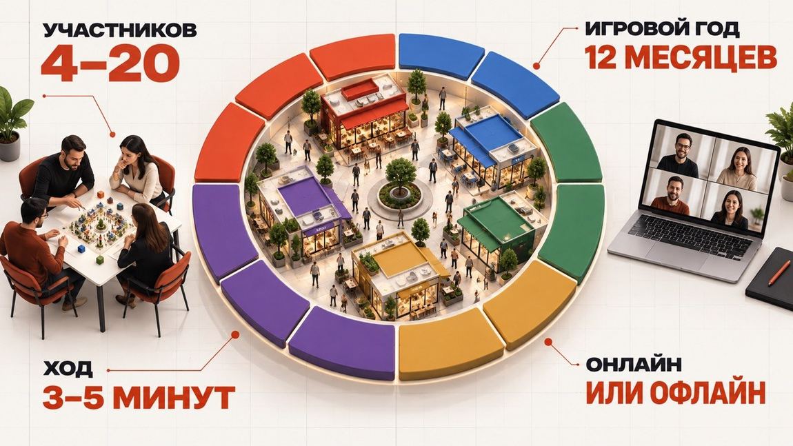 Формат Market Game: от 4 до 20 участников, игровой год — 12 месяцев, ход — 3–5 минут, онлайн или офлайн
