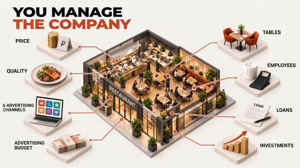 The player’s tools: price, quality, advertising, tables, staff, loans, investment