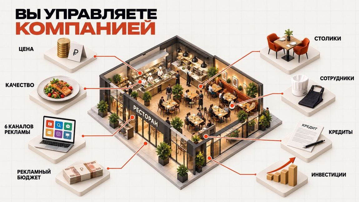 Инструменты игрока: цена, качество, реклама, столики, сотрудники, кредиты, инвестиции